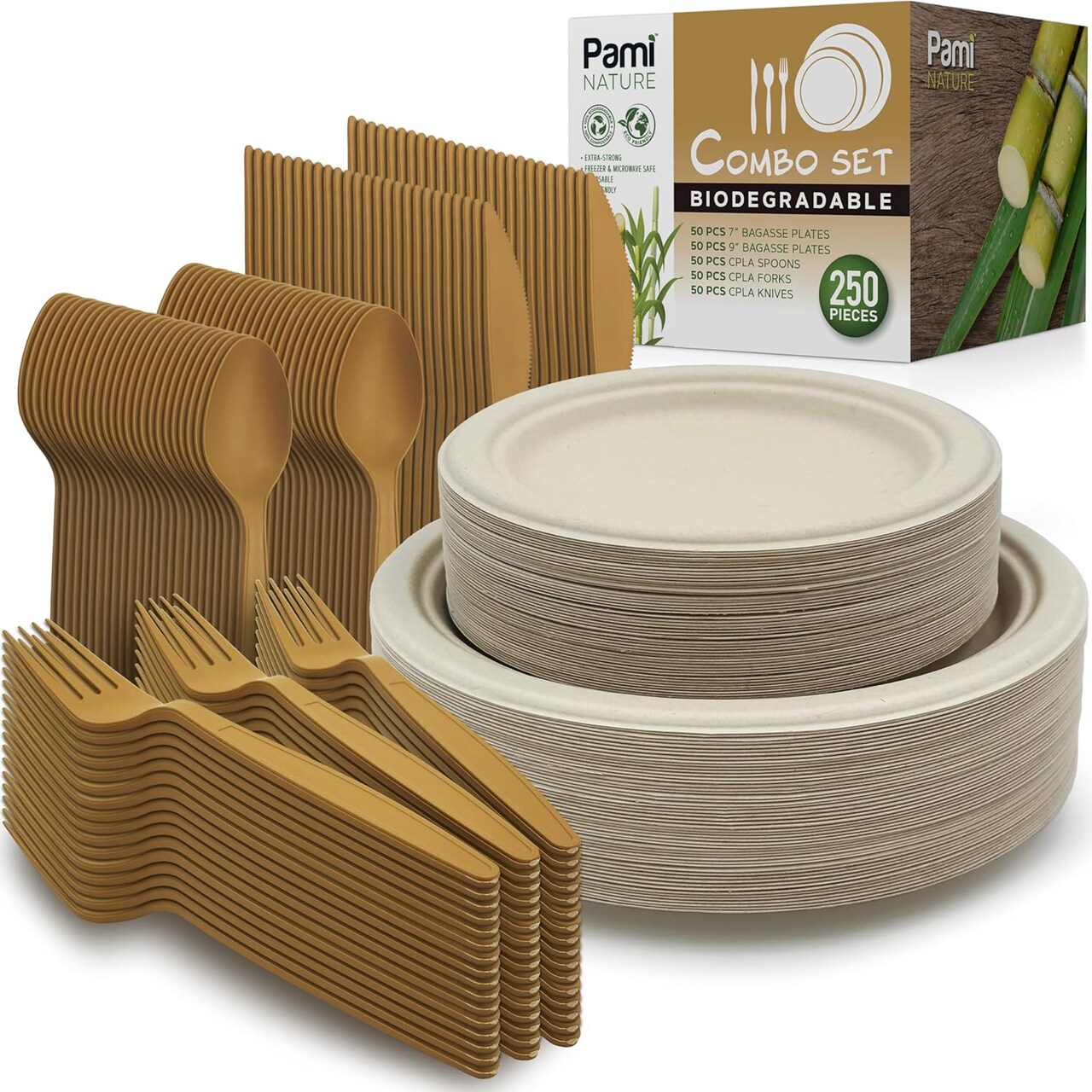 250-Piece Eco-Friendly Disposable Dinnerware Set with Biodegradable Plates, Cutlery, Cups, Degradable Tableware for Parties and Events